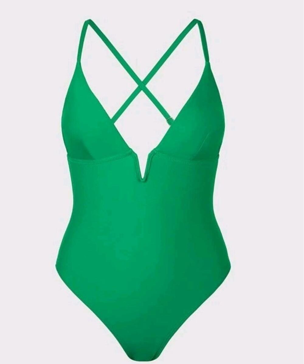 CUPSHE Deep V-Wire Neck One Piece Swimsuit Large Forest Green Criss Cross Bk NWT